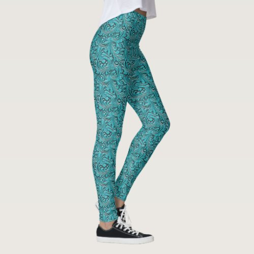 Turquoise tooled embossed leather floral cowgirl leggings