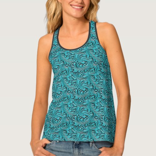 Turquoise tooled embossed leather floral cowgirl tank top