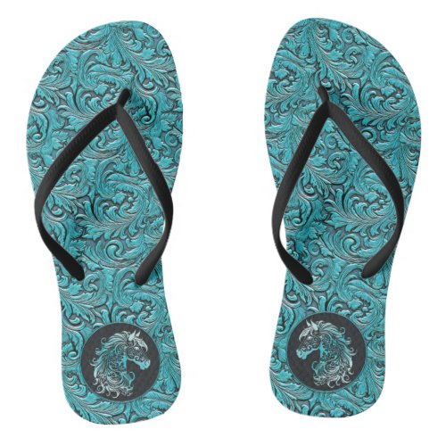 Turquoise tooled embossed leather horse cowgirl flip flops