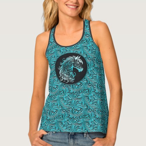 Turquoise tooled embossed leather horse cowgirl tank top