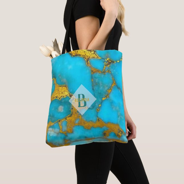 Turquoise TOTE Marble GOLD Glitter - Personalized Bag (Close Up)