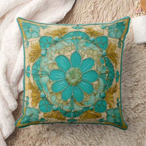 Turquoise Tranquility Art Nouveau Floral Print wi Throw Pillow