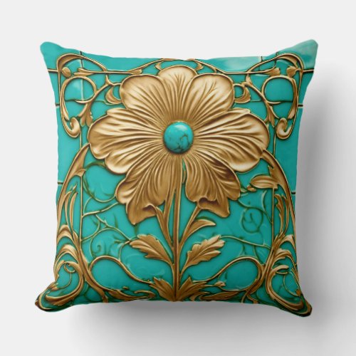 Turquoise Tranquility Art Nouveau Floral Print wi Throw Pillow
