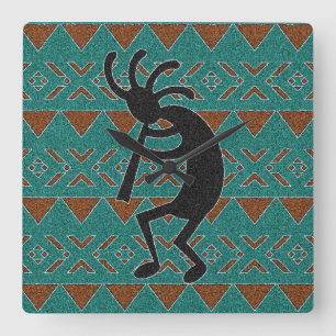 Turquoise Tribal Design Kokopelli Square Wall Clock