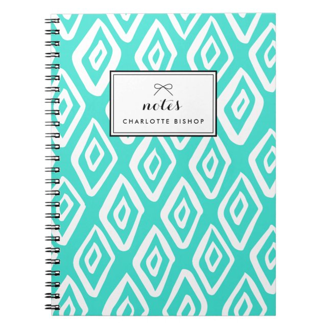 Turquoise Tribal Diamonds Pattern Personalized Notebook (Front)