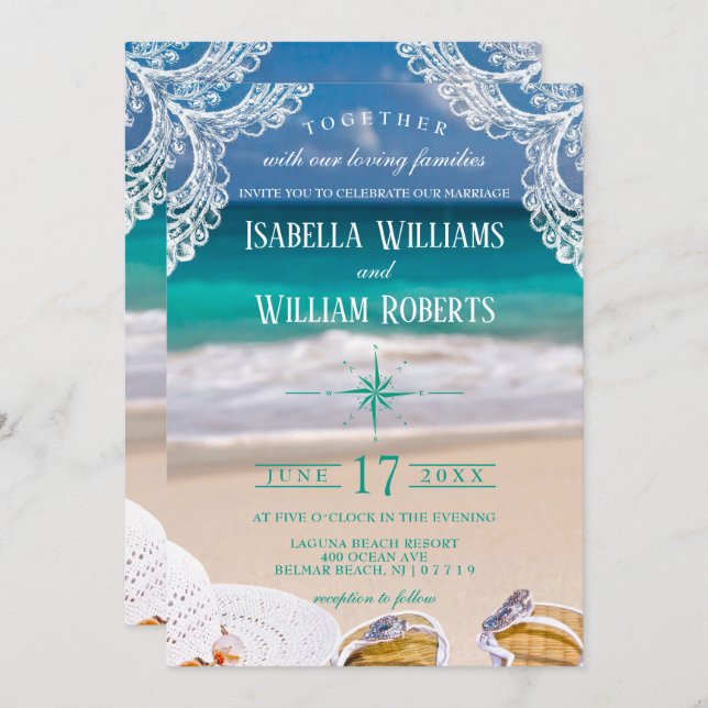 Turquoise Tropical Beach Summer Wedding Invitation (Front/Back)