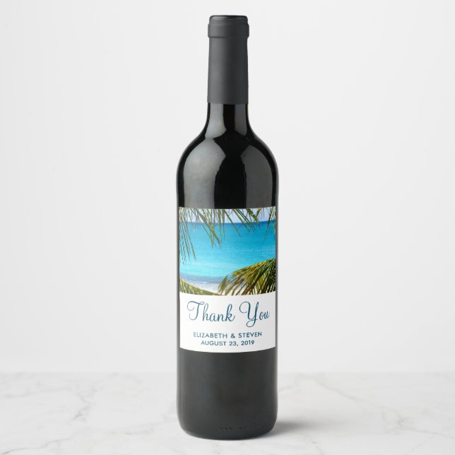 Turquoise Tropical Beach Wedding Thank You Wine Label (Front)