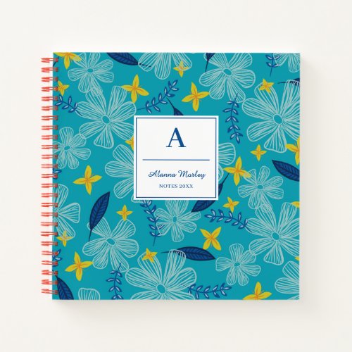 Turquoise Tropical Floral Pattern _ Monogram Notebook