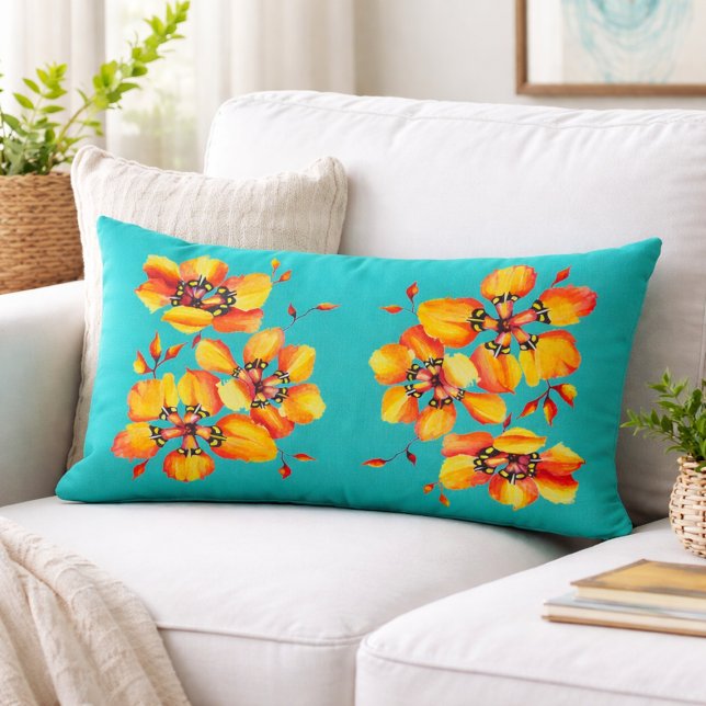 Turquoise Tropical Floral  Vibrant Botanical Lumbar Pillow (Creator Uploaded)