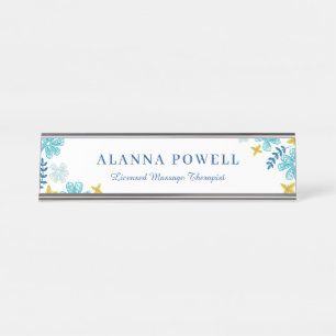 Turquoise Tropical Flowers Massage Therapist Desk Name Plate
