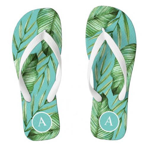 Turquoise Tropical Foliage Pattern with Monogram Flip Flops