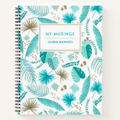 Turquoise Tropical Leaves Pattern Personalized Notebook