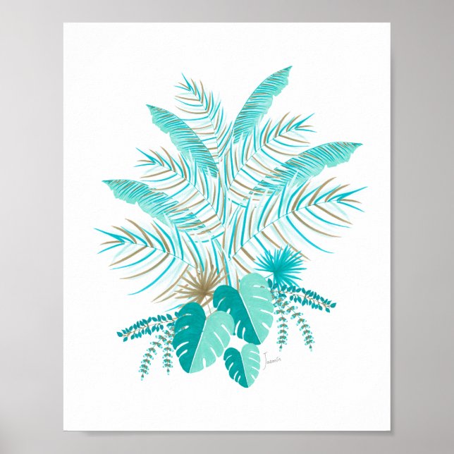 Turquoise Tropical Leaves Poster (Front)
