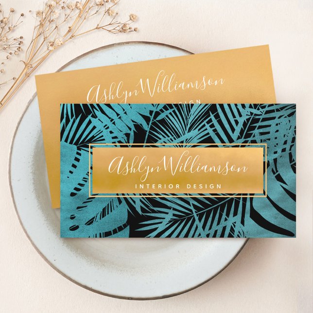 Turquoise tropical palm gold script modern elegant business card (Creator Uploaded)