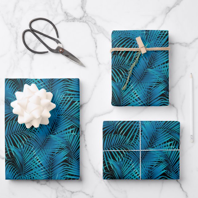 Turquoise Tropical Palm Leaves on Black Wrapping Paper Sheets (Front)