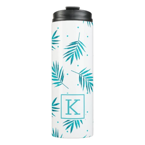 Turquoise tropical palm leaves pattern monogram thermal tumbler