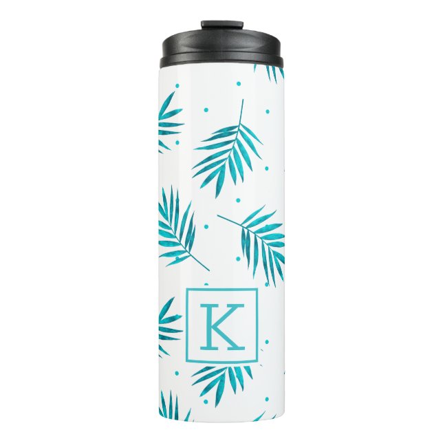 Turquoise tropical palm leaves pattern monogram thermal tumbler (Front)