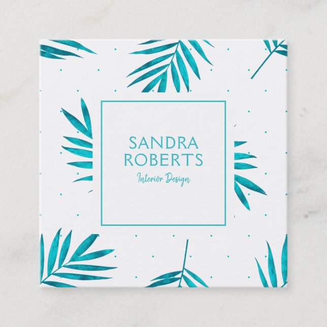 Turquoise tropical palm leaves pattern square business card (Front)
