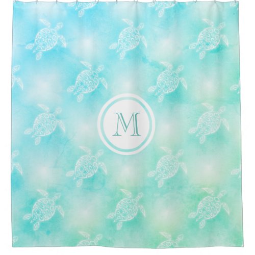 Turquoise Turtles Pattern Monogram Shower Curtain