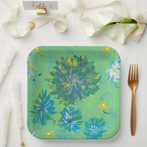Turquoise Twinkle Floral 9 Square Paper Plate