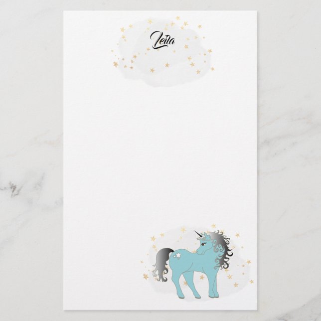 Turquoise Unicorn and Stars Stationery (Front)