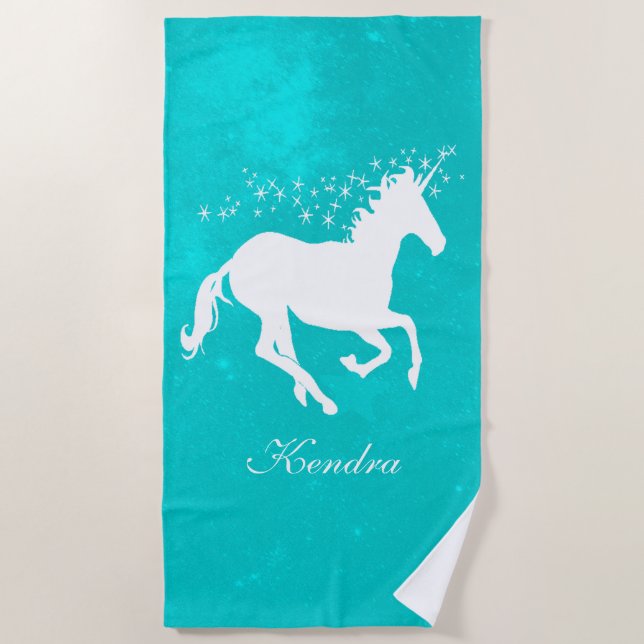 Turquoise Unicorn Personalized Beach Towel (Front)