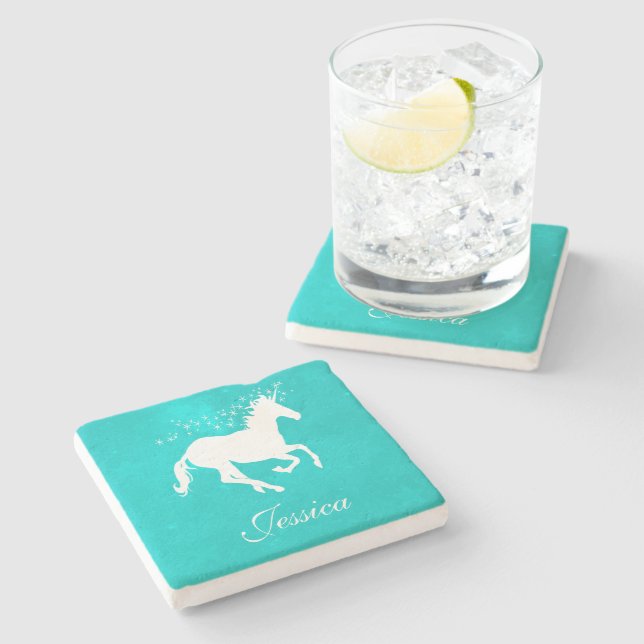 Turquoise Unicorn Personalized  Stone Coaster (Side)