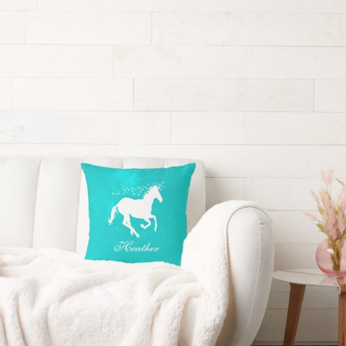 Turquoise Unicorn Personalized Throw Pillow