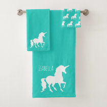 Turquoise Unicorn Silhouette Personalized Kids Bath Towel Set