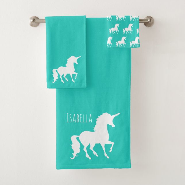 Turquoise Unicorn Silhouette Personalized Kids Bath Towel Set (Insitu)