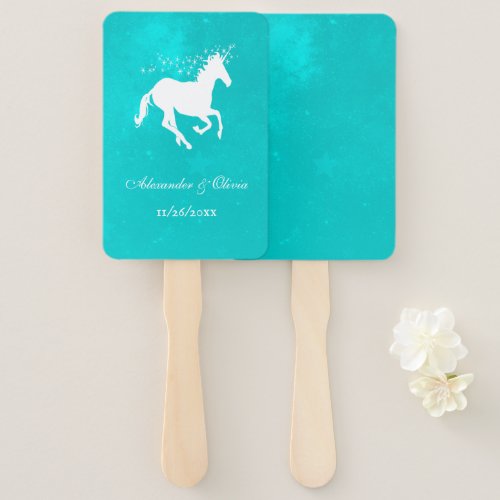 Turquoise Unicorn Wedding Favor Hand Fan