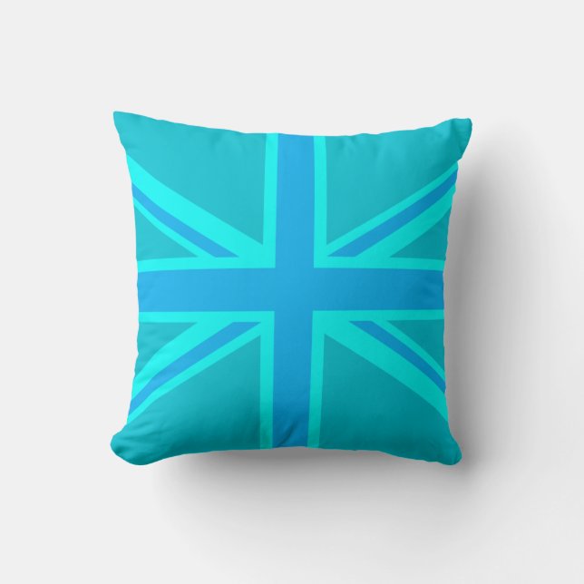 Turquoise Union Jack British Flag Throw Pillow (Front)