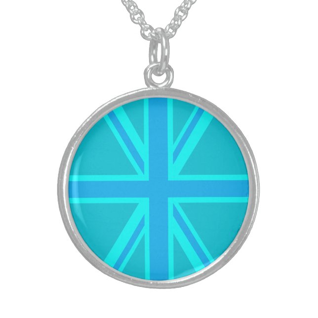 Turquoise Union Jack Flag Decor Sterling Silver Necklace (Front)