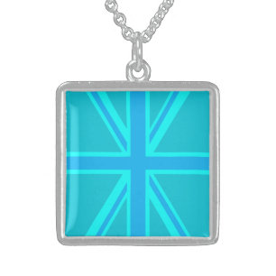 Turquoise Union Jack Flag Decor Sterling Silver Necklace