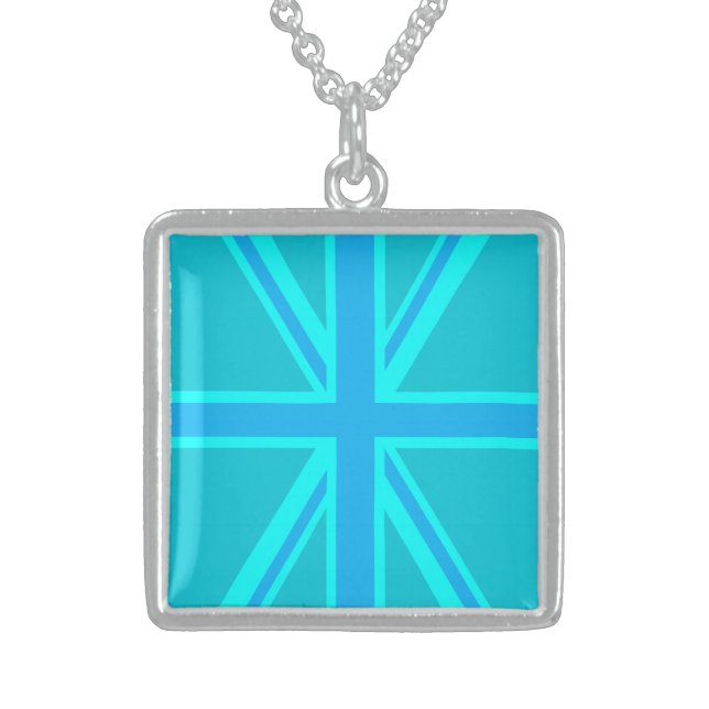 Turquoise Union Jack Flag Decor Sterling Silver Necklace (Front)