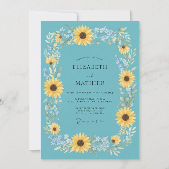 Turquoise Vibrant Sunflower Wedding Invitation (Front)