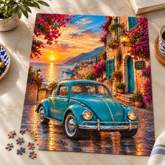 Turquoise Vintage Beetle Mediterranean Sunset Jigsaw Puzzle