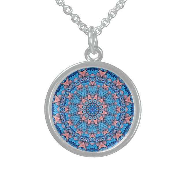 Turquoise Vintage Blue Fractal Kaleidoscope Sterling Silver Necklace (Front)