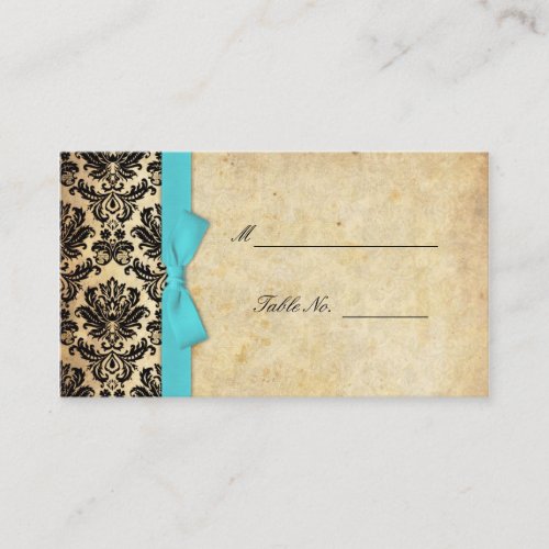 Turquoise Vintage Bow Damask Wedding Placecards Business Card Template