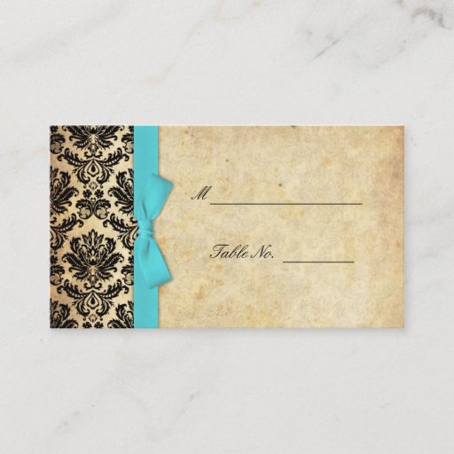 Customizable Turquoise Vintage Bow Damask Wedding Placecards Business Card Template