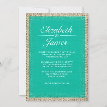 Turquoise Vintage Burlap Wedding Invitations by topinvitations at Zazzle