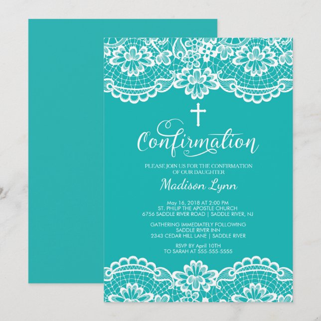 Turquoise Vintage Lace Confirmation Invitation (Front/Back)