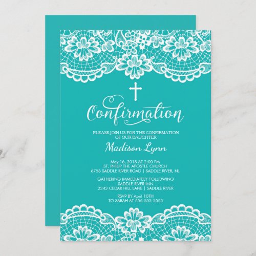 Turquoise Vintage Lace Confirmation Invitation