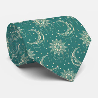 Turquoise vintage moon ornamental pattern neck tie