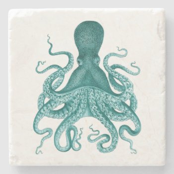Turquoise Vintage Octopus Illustration Stone Coaster by AnyTownArt at Zazzle