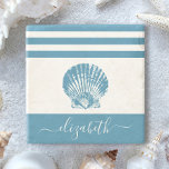 Turquoise vintage seashell beach house script name stone coaster<br><div class="desc">Feel the coastal vibes and relax with your favorite beverage, all while protecting your furniture, with this beautiful, chic, simple, vintage, custom monogram name stone coaster. A graphic, teal blue vintage seashell overlays a white background accented with nautical teal blue stripes. Personalize with your name. Makes a stylish statement every...</div>
