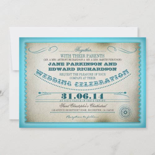 turquoise vintage wedding invitations - tickets