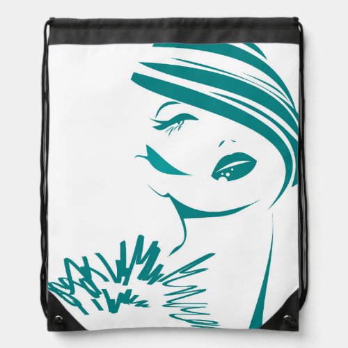 Turquoise Vintage Woman Face Drawstring Bag