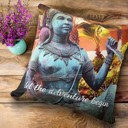 Turquoise Warrior Statue Photo Let Adventure Begin Throw Pillow