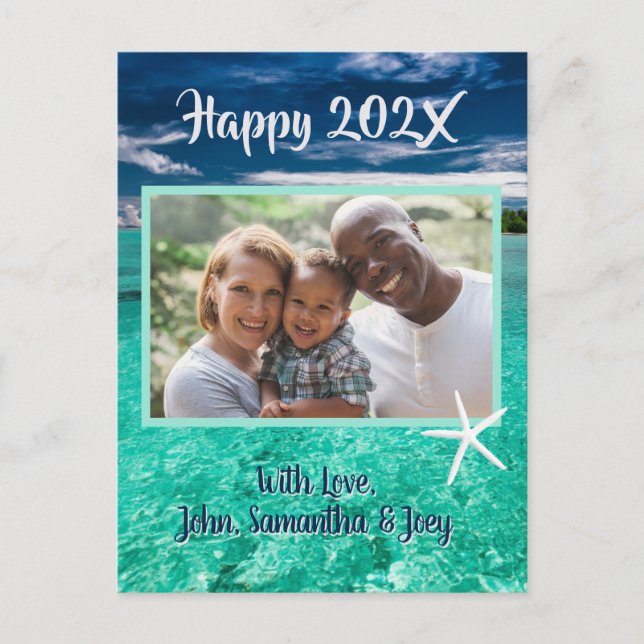 Turquoise Water New Years Photo Greeting Postcard (Front)